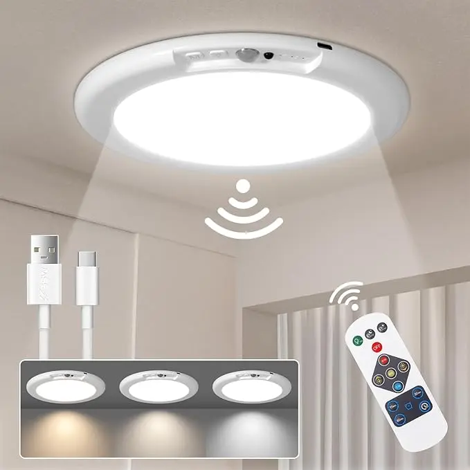 Rechargeable Motion Sensor Ceiling Light with RemoteMagnetic Wireless Ceiling Light Battery Powered for Closet Shower Stairs Shed Hallway Porch Patio ect,Suitable for various scenarios, easy to install