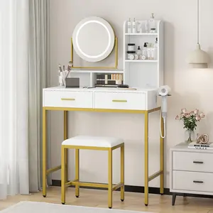 Fathersdaygift Summervibes Flash Sale Home Items: Rotatable LED Vanity Desk, 3-color adjustable lighting with power outlet, equipped with 2 drawers, storage shelves and matching stool, ideal for bedroom makeup use