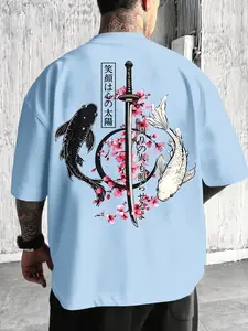 Men's Samurai Sword and Cherry Blossom Graphic Loose Fit T-Shirt, Casual Streetwear for Daily Wear, Trendy Outdoor Style
