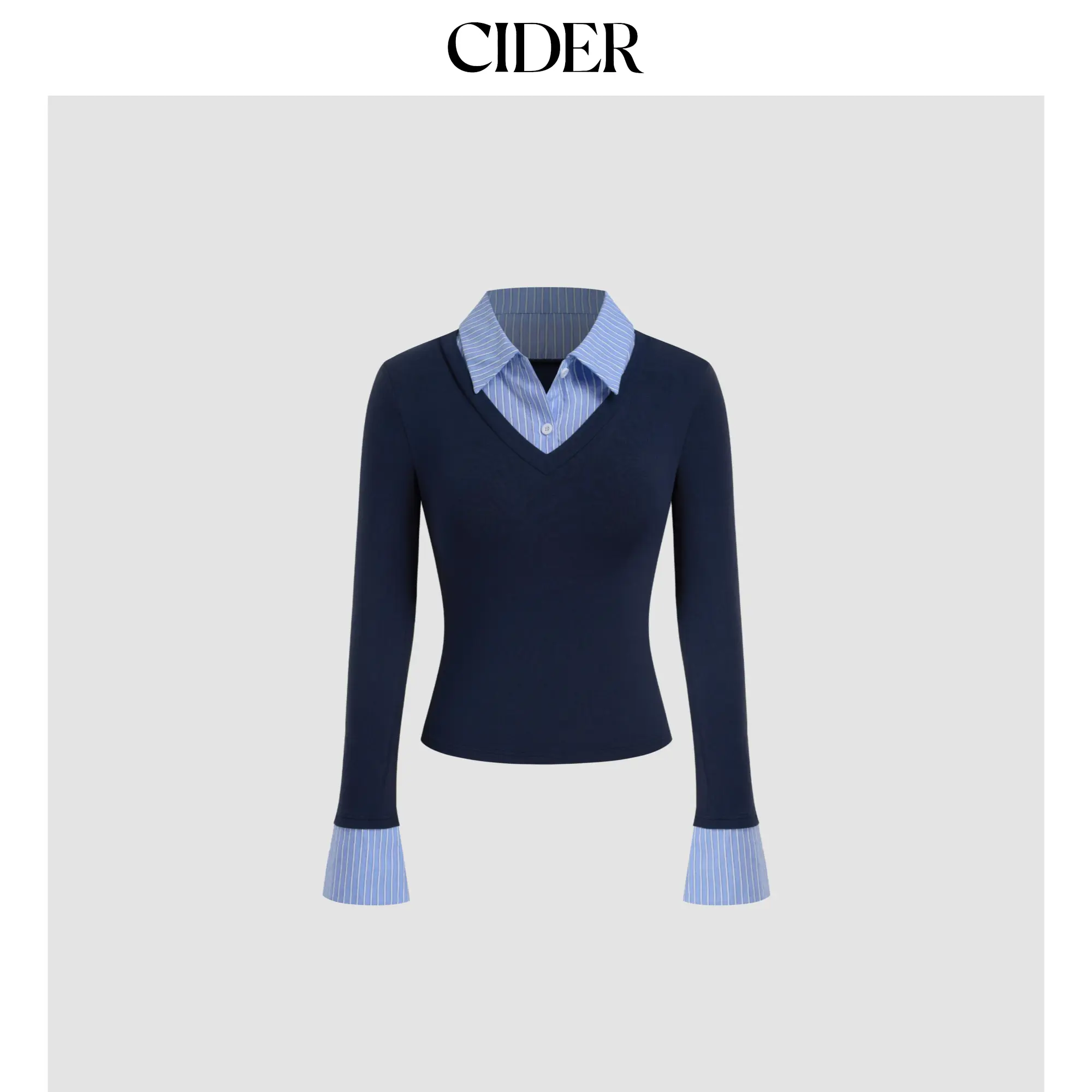 Cider [2 colors, size 0-10] Cotton-blend Collar Stripe Two Tone Top