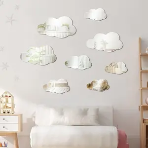 8 Pcs 3D Acrylic Cloud Shape Mirror Wall Art, Removable Self Adhesive Decorative Cloud Mirror Stickers Decals for Kids Girls Bedroom Bathroom Playroom Living Room Nursery Decoration