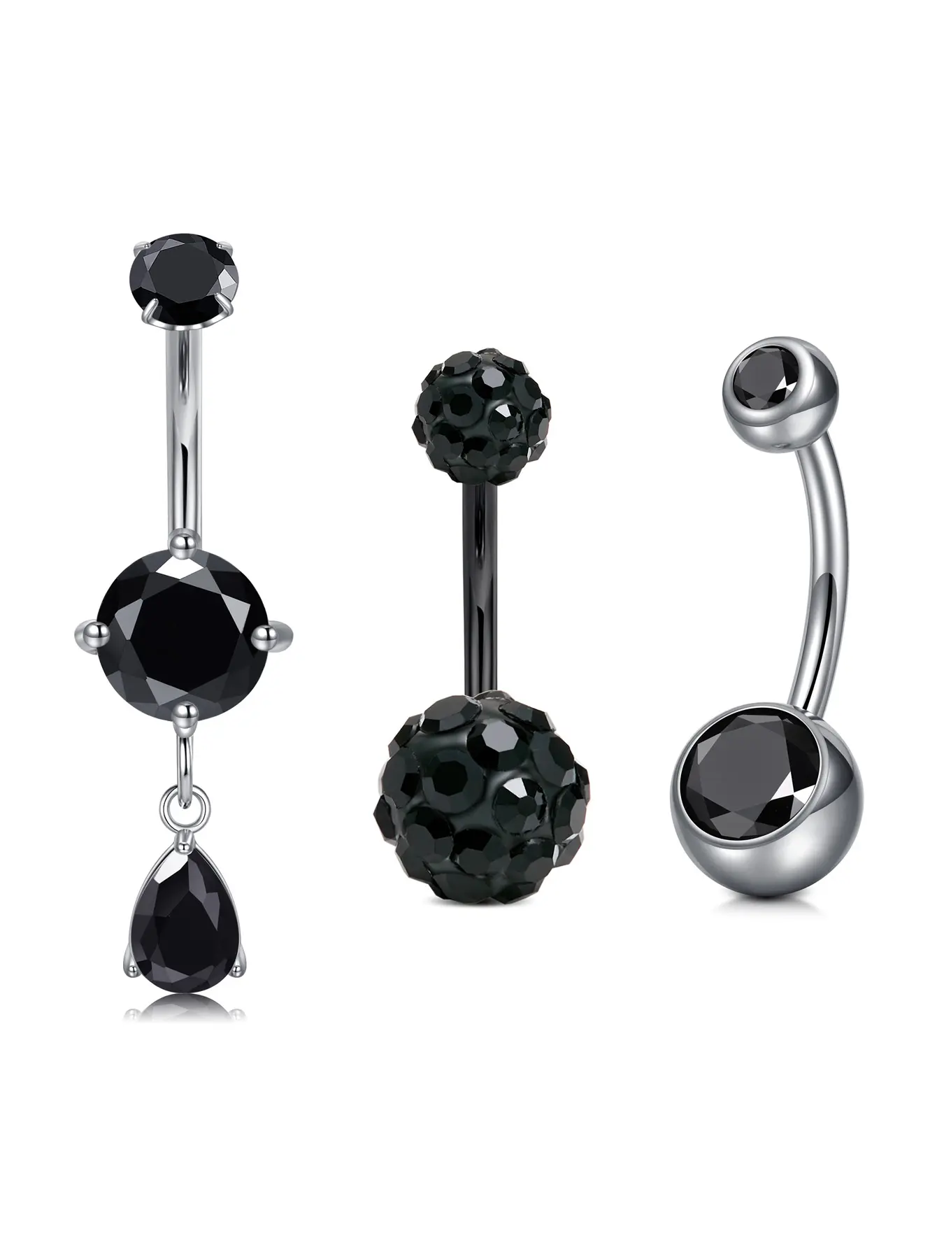 3Pcs Black CZ Dangle Belly Button Rings Stainless Steel Hypoallergenic Curved Barbell Navel Piercing Jewelry Body Piercing Accessories Fashion Body Jewelry for Party Daily Wear Body Piercings Set