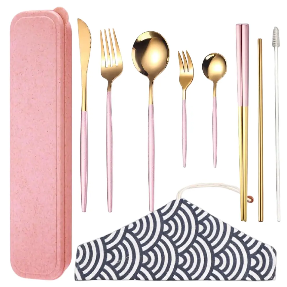 9PCS Stainless Steel Flatware Set Portable Reusable Cutlery Set Travel Utensils Set Including Chopsticks Knife Fork Spoon Straws Cleaning Brush Dishwasher Safe (Pink Golden)