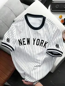 Men's White And Black Pinstripe "New York" Print Baseball Jersey, Short-Sleeve Crew Neck Casual T-Shirt, Suitable For Streetwear And Summer Sports Outfits