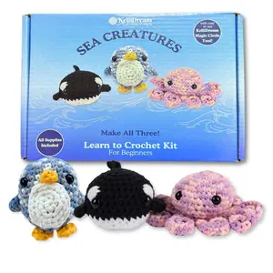 Learn to Crochet Sea Creature Kit Penguin Octopus & Whale (Purple Magic Circle Tool Included)
