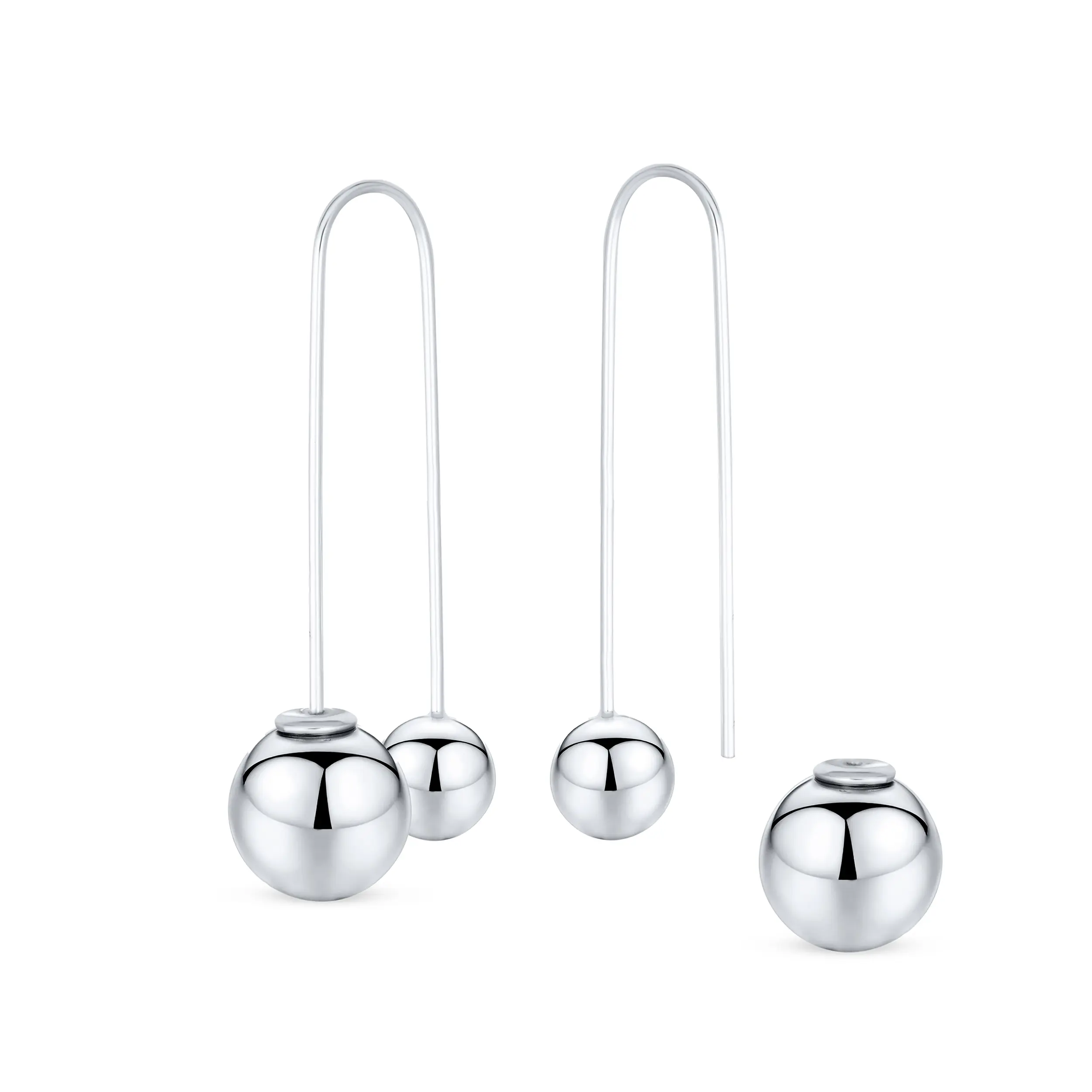 Geometric Long Wire Double Bead Ball Threader Earrings Sterling Silver