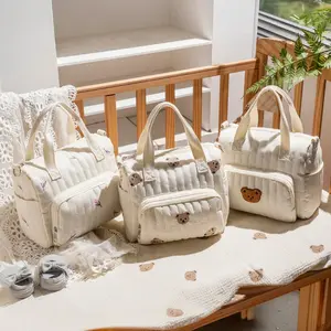 New Cartoon Embroidered Mommy Bag, Multifunctional Diaper Bag, Lightweight Short Trip Bear Baby Carrier, Large Capacity Handheld Shoulder Crossbody Bag