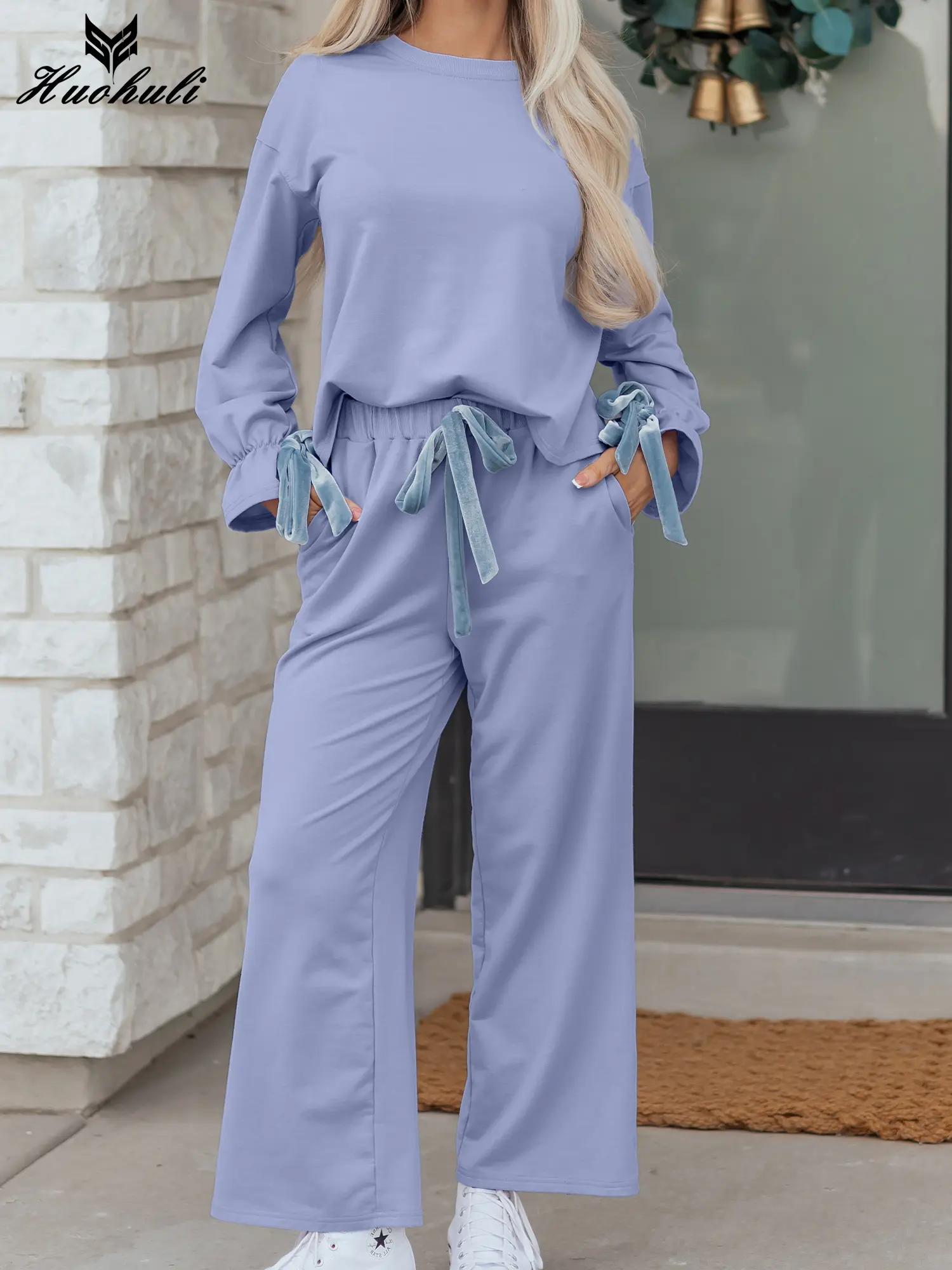 Women's Beau Blue Flounce Long Sleeve Top Drawstring Pants Sets Fall Casual Two Piece Outfits Fashion Velvet Bow Knot Pullover Tops Elegant Matching Sweatsuits Cozy Lounge Wear Slumber Party Apparel Sleepwear Clothing