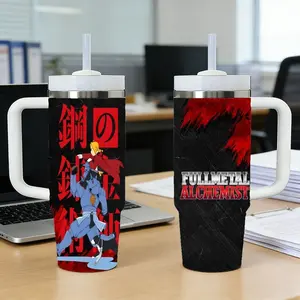 Vacuum Flasks 40oz Stainless Steel Tumbler with Handle & Straw, Vacuum Insulated Travel Mug Keeps Drinks Cold Up to 12 Hours, Leak-Resistant Cup for Iced Coffee, Water, Office, Gym or Travel Fullmetal Alchemist Brotherhood