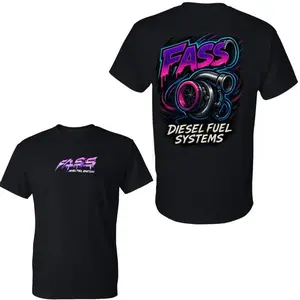FASS Diesel T-Shirt, 2 Sides Graphic Tee with Neon Turbocharger Engine Artwork and Bold Logo, Automotive Diesel Performance Streetwear, Soft Cotton Blend Shirt, Gift for Truck Owners and Car Enthusiasts