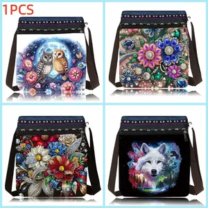 1-piece diamond painting kit messenger bag, fashionable shoulder bag, owl, flower, snow wolf pattern canvas material with special shape crystal rhinestone art backpack, part of the diamond art craft kit, fashion lady gift