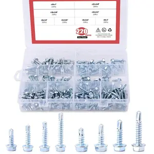 220-Piece Assortment Kit, Zinc Plated Hex Washer Head Self Drilling Screws for Sheet Metal