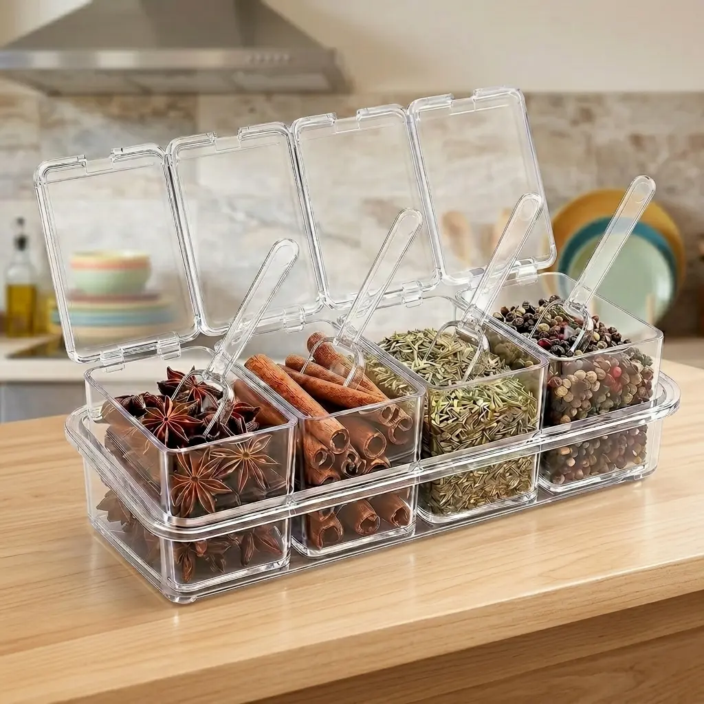【HUOMAQFAN】 4PCS Sturdy Clear Acrylic Seasoning Box Set with Lids and Spoons, Assorted Food Containers, Kitchen Food Storage Organizer Caddy, Multifunctional Preserving Box for Salt, Sugar