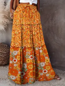 Boho Print Long Dress for Women, High Waist Elastic Waist Tie Belt Cake Skirt, A-Line Midi Skirt with Pockets, Summer Beachwear