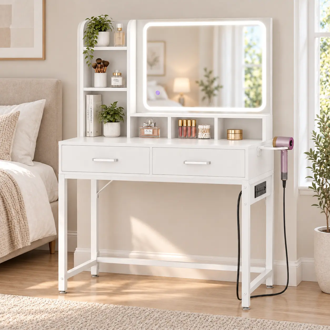 Vanity Desk with Mirror,Vanity Makeup Desk with 3 Colors LED Lights,Modern Vanity Para Mujer with Wooden Drawers,Open Shelves,for Small Space,Bedroom