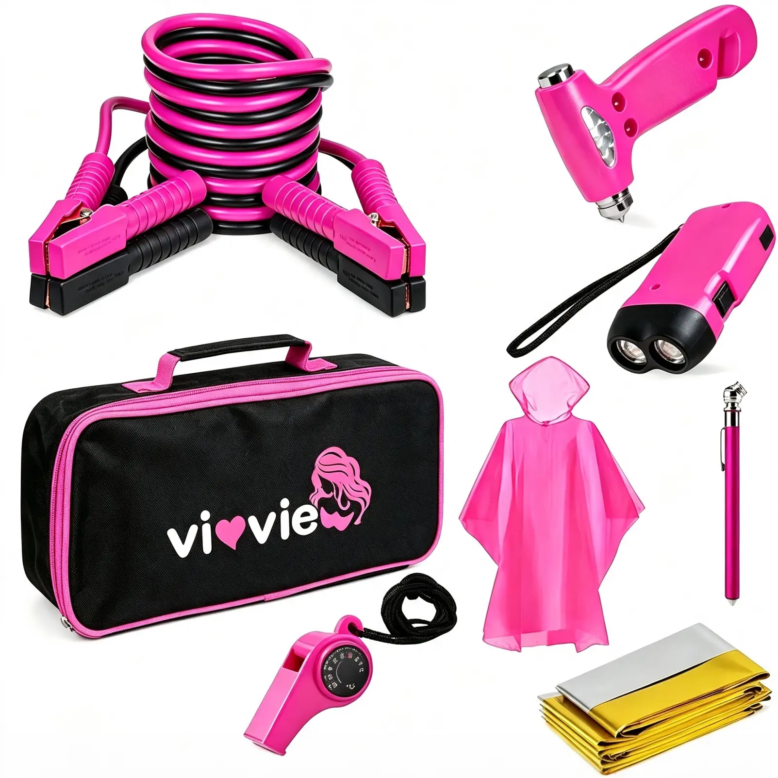 【TikTokShopBackToSchool】Pink Car Roadside Emergency Kit for Teen Girls Women, Portable Vehicle Safety Assistance Kit with Jumper Cables & Safety Hammer, Road Trip Essentials Car Emergency Accessories