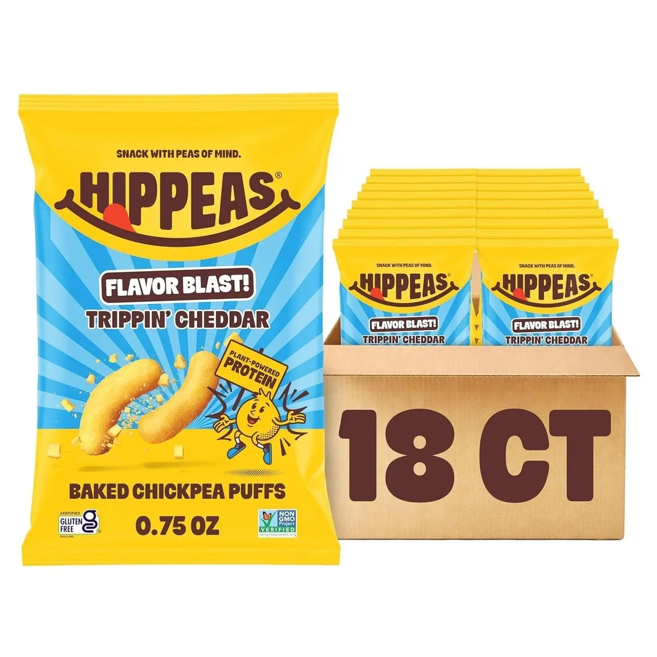 Hippeas Chickpea Puffs, Trippin’ Cheddar, 18 x 0.75 oz Bags, Baked Crunchy Chickpea Snacks with 3g Plant Protein, 2g Fiber & 40% Less Fat, Dairy & Gluten Free, Non-GMO, Top 9 Allergen Free