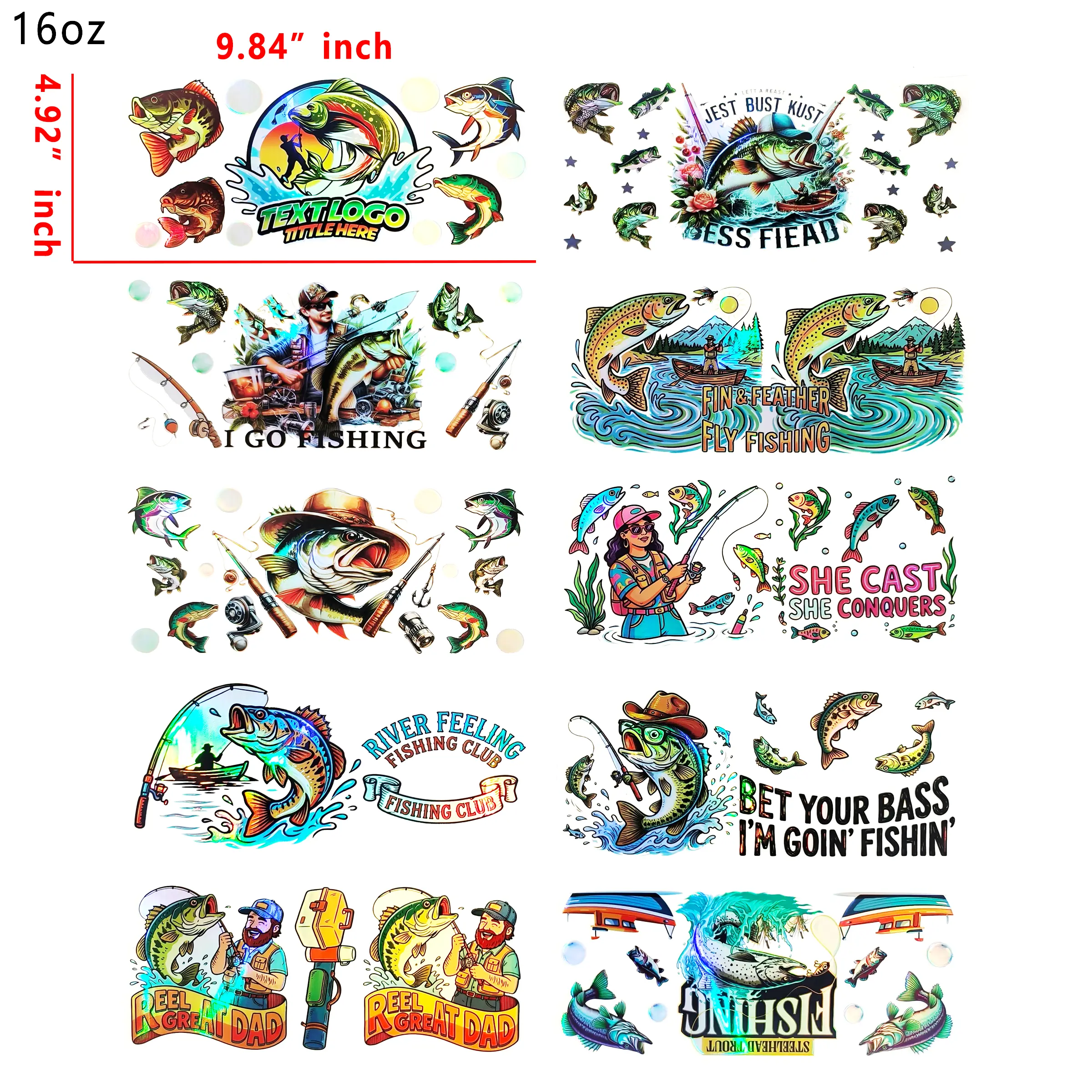 (J87) Holographic 10pcs Fishing UV DTF Cup Wraps for 16OZ tumblers Waterproof Acrylic Wraps for Cups Glasses &Smooth Objects Vivid Colors Strong Adhesion CustomizableStickers Decal Sticker Art Crafts Kit