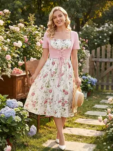 Cottagecore Vintage Floral Dress Pink Lace Up Corset Milkmaid Summer Midi Dress Garden Party