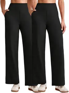 2-Pack Women's Straight Leg Yoga Pants With Pockets High Waisted, Black Grey Khaki Relaxed Fit Sweatpants Cozy Casual Athletic Lounge Trousers Comfy Spring Outfits