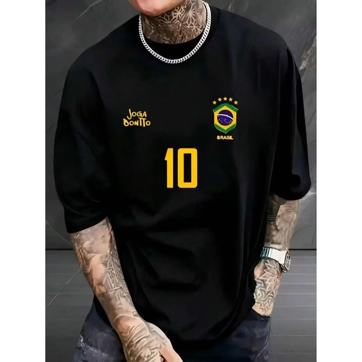 [100% cotton]Men's Graphic T-Shirt, Retro Brazil Football Jersey - Legendary Number 10, Casual Football Fan Outfit, Football Jersey,   Breathable Knit Fabric, Regular Fit Round Neck Design graphic tee
