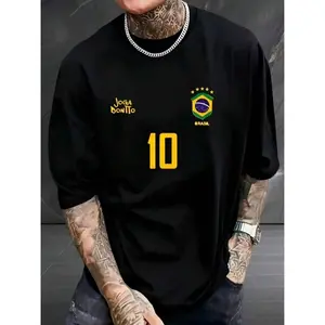 Men's Graphic T-Shirt, Retro Brazil Football Jersey - Legendary Number 10, Casual Football Fan Outfit, Football Jersey, 100% Polyester Breathable Knit Fabric, Regular Fit Round Neck Design