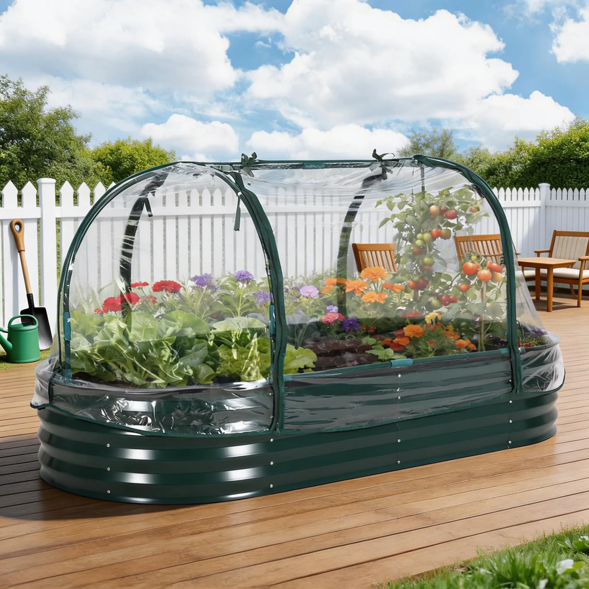 Large Oval Galvanized Raised Garden Bed, with Cover & Zippered Screen Doors, Heavy-Duty Steel Planter Box for Vegetables and Flowers, Open Base Above Ground Garden Bed Kit, Dark Green