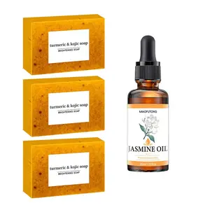 Turmeric Lemon Soap & Jasmine Essence, 4 Counts Moisturizing Brightening Facial Skin Care Kit, Daily Skincare Product for Women & Men
