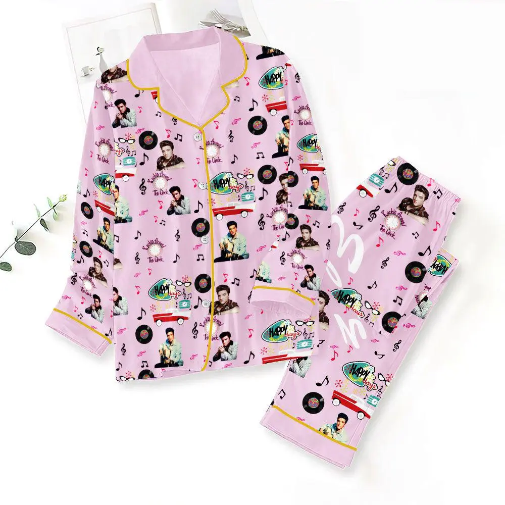Elvis Presley Pajamas Set, 1950s Rock n Roll Nightwear, Retro Music Lover Gift for Her, Pink Vintage Vinyl Record PJs