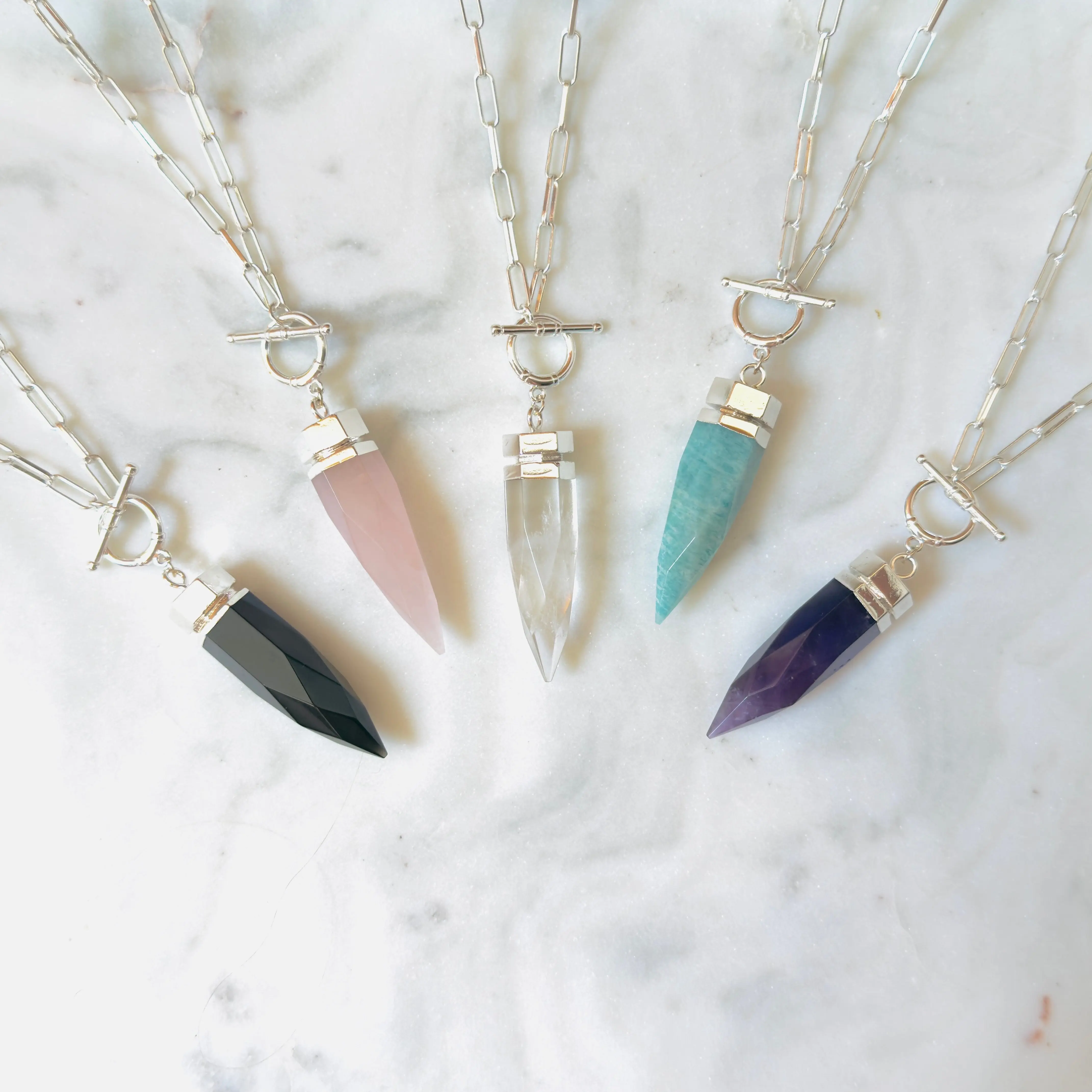Genuine Crystal Pendulum Necklace for Spiritual Seekers - Unisex, Select Amethyst, Rose Quartz, Obsidian & Other Goddess Gemstones, 18" Silver or Gold Paperclip Chain, Free Programming Guide & Yes/No/Maybe Dowsing Board, Handcrafted Crystal Adornment