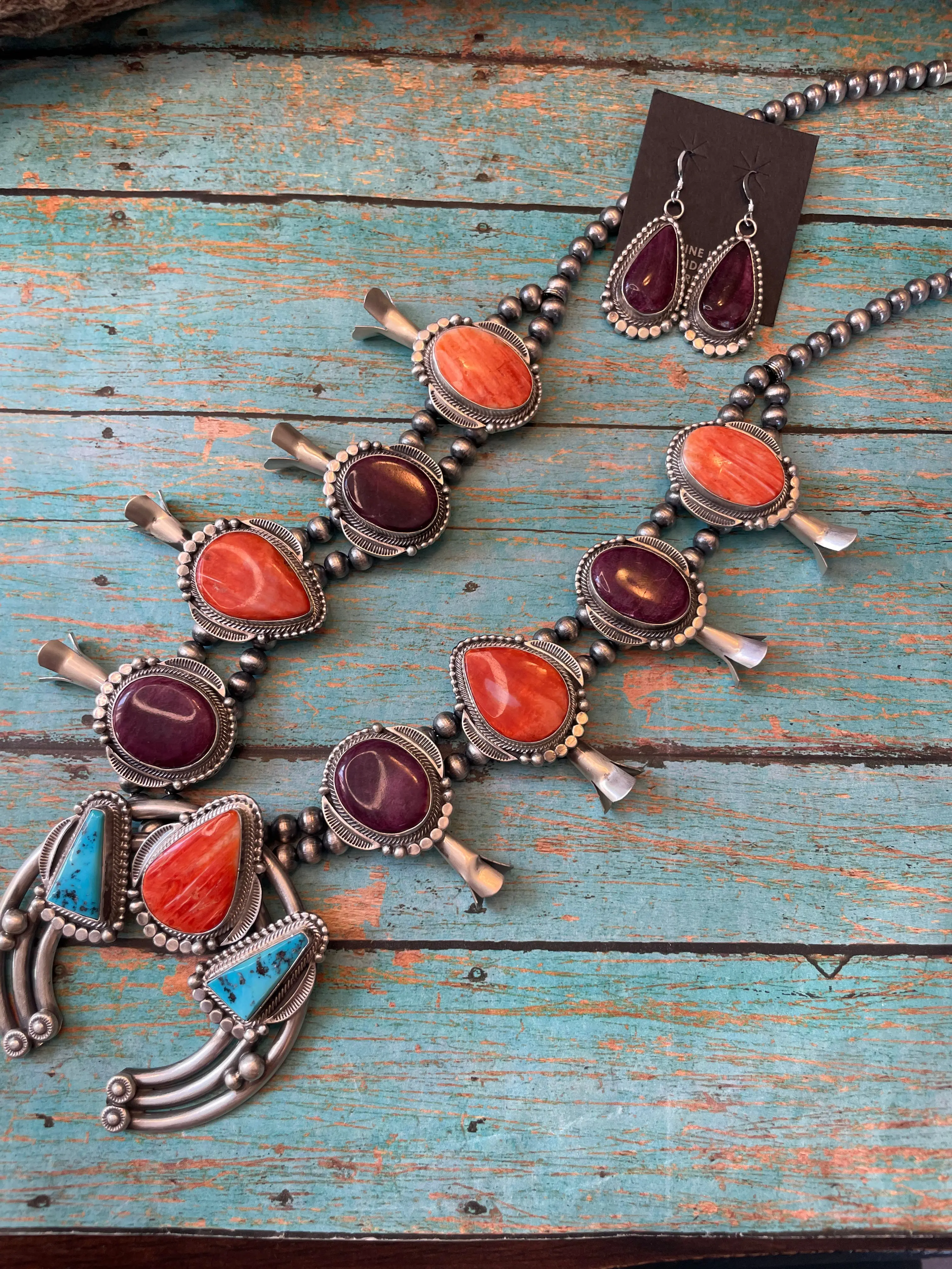 Handcrafted Turquoise, Spiny Oyster And Sterling Silver Squash Blossom Necklace & Earrings Set By Tom Lewis*