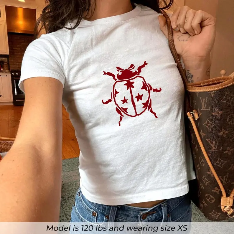 Ladybug Baby Tee, Stargirl Aesthetic Tee, Y2K Baby Tee, Cute Crop Top, Soft Girl Shirt, Trendy Graphic Tee, Summer Outfit, Viral TikTok Tee