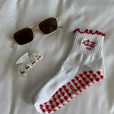 In my Pilates era grip sock with cherry and heart grips