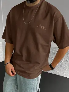 Men's Minimalist Mountain Print Oversized T-Shirt, Soft Loose Fit Casual Top, Earth Tone Geometric Pattern, Daily Wear Urban Style