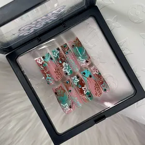 GEL Aura Brown Turquoise Flower Leopard High Quality Handmade Custom Press On Nails Long Medium Short Square Almond Coffin Stiletto