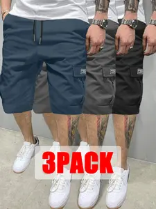 3-Pack Men's Multi-Pocket Cargo Shorts, Drawstring Elastic Waist Casual Work Shorts, Relaxed Fit Summer Streetwear Shorts