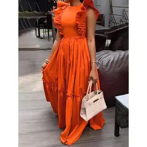 [Elegant Orange Ruffle Dress] Orange Elegant A-Line Dress - Ruffle-Trimmed, Casual Round Neck, Cinched Waist, Polyester & Spandex Blend, Machine Washable - Perfect for Spring/Fall Fashion Events Fabric Womenswear