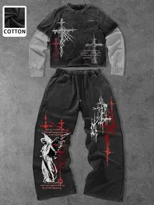 Men's Casual Set, Cotton Fabric, Breathable, Religious Culture Elements, Street & Dark Religion Style, Unique Fashion Attitude