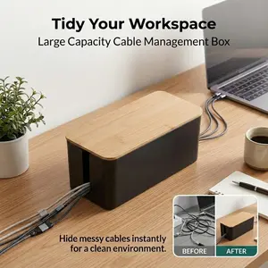 Bamboo-Top Cable Management Box, Large Capacity Cord Organizer for Power Strips & Chargers, Desk Wire Hider for Neat Home & Office