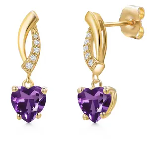 Gem Stone King 14K Yellow Gold Heart Shape Gemstone Birthstone and Lab Grown Dangle Diamond Earrings For Women | 6MM Heart Shape Earrings | Fine Jewelry Gifts for Her Mom Women Wife
