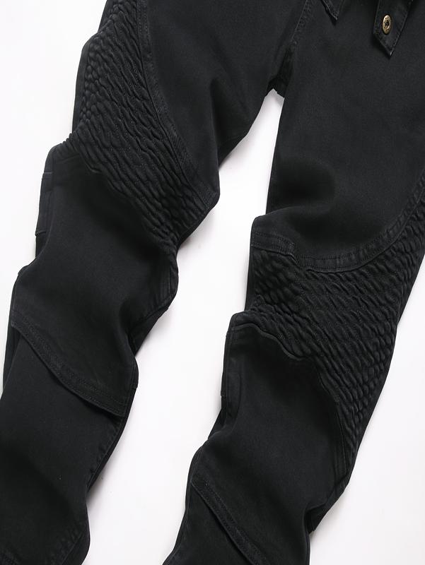 Men's Slim Fit Biker Jeans Ripped & Distressed Moto Denim Pants 100% Cotton Solid Black Color for Stylish Riders