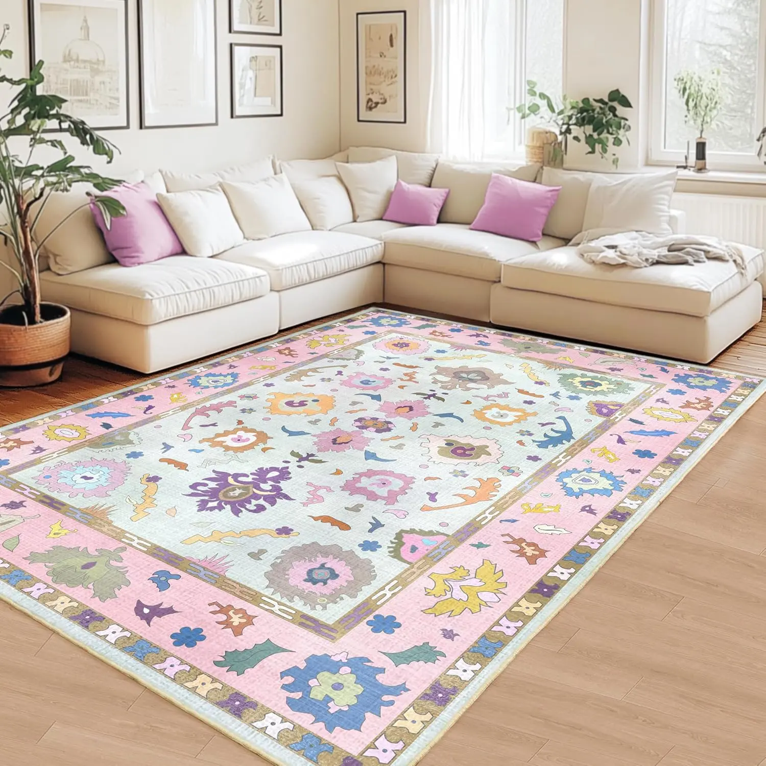Washable Vintage Oushak Area Rugs for Living Room, Neutral Boho Printed Floral Extra Large Area Rug,Soft Indoor Low Pile Non Slip Rug for Kitchen Laundry Room Playroom Home Decor Aesthetic #Summervibes