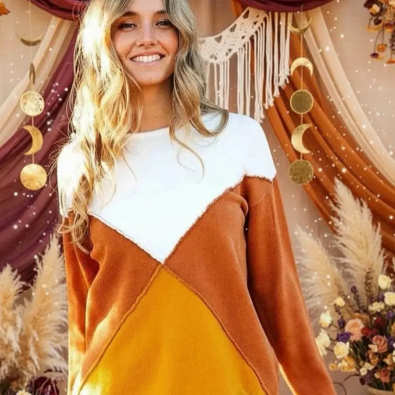 BiBi Color Block Geometric Sweater Casual Fashion