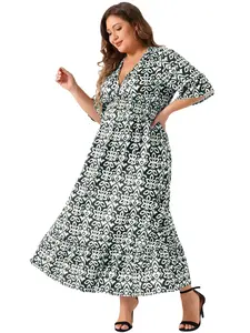 Agnes Orinda Plus Size Dress for Women  Bell Sleeve Ruffled Hem V Neck Short Sleeve Boho a Line Long Dresses