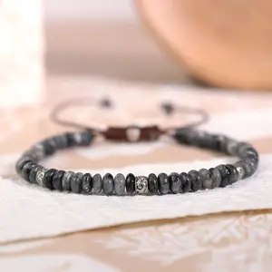 Larvikite Black Labradorite Gemstone Beaded Bracelet, Natural Crystal Hand Braided Bracelet, Adjustable bracelet for women men, Christmas Gift