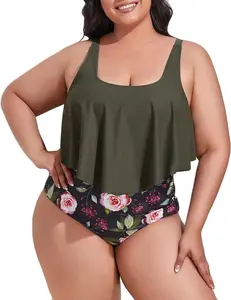 Womens Plus Size Swimsuit High Waisted Tankini Bathing Suits Two Piece Flounce Bikini Swimsuit