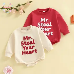 Baby 2-Pack "Mr. Steal Your Heart" Fleece Romper Sweatshirt, Long Sleeve Crew Neck Bodysuit in Red/Beige, Valentine's Day Casual Play Outfit