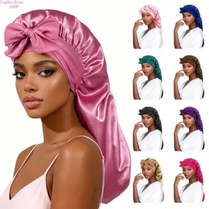 Women's Satin Long Tail Bonnet with Bow Decor, High Stretch Hair Cap for Sleeping, Extra Large Size for Big Heads, Long Tube Ribbon Design, Silk-Like Hair Protection Accessory for Night Beauty Routine & Daily Hair Care