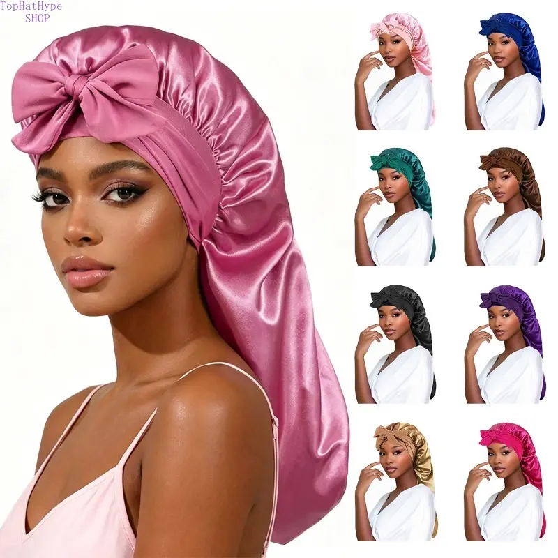 Women's Satin Long Tail Bonnet with Bow Decor, High Stretch Hair Cap for Sleeping, Extra Large Size for Big Heads, Long Tube Ribbon Design, Silk-Like Hair Protection Accessory for Night Beauty Routine & Daily Hair Care