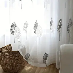 Nordic Style Leaf Embroidered Sheer Curtain, Dustproof UV Protection Polyester Fabric, Light Blocking Transparent Window Decor, Home Decoration Curtain